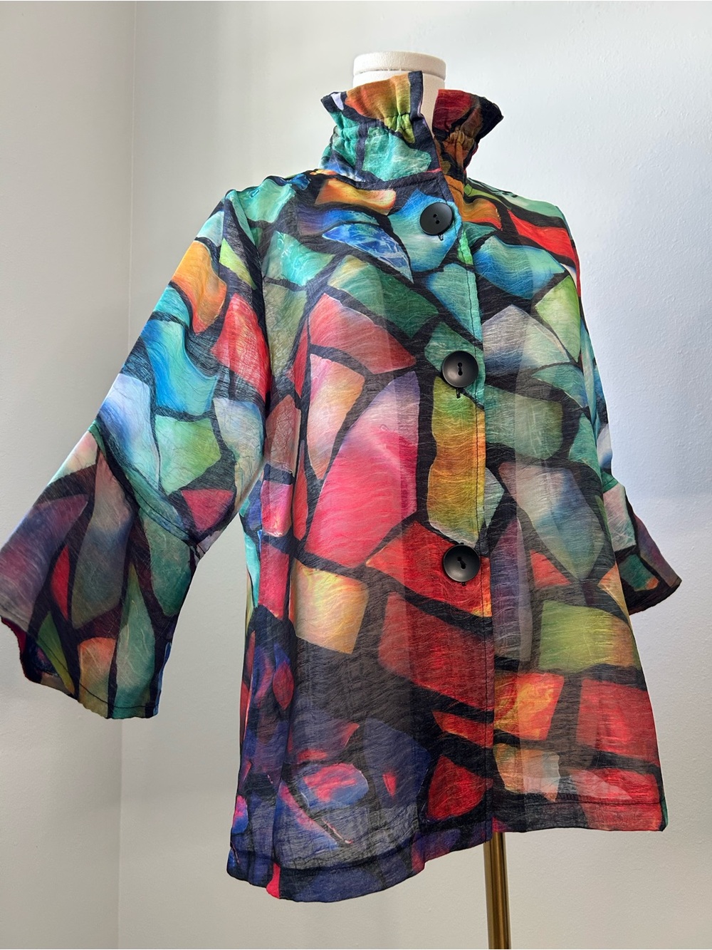 Damee Colorful Artistic Sheer Stained Glass Print Bell Sleeve Top Womens S